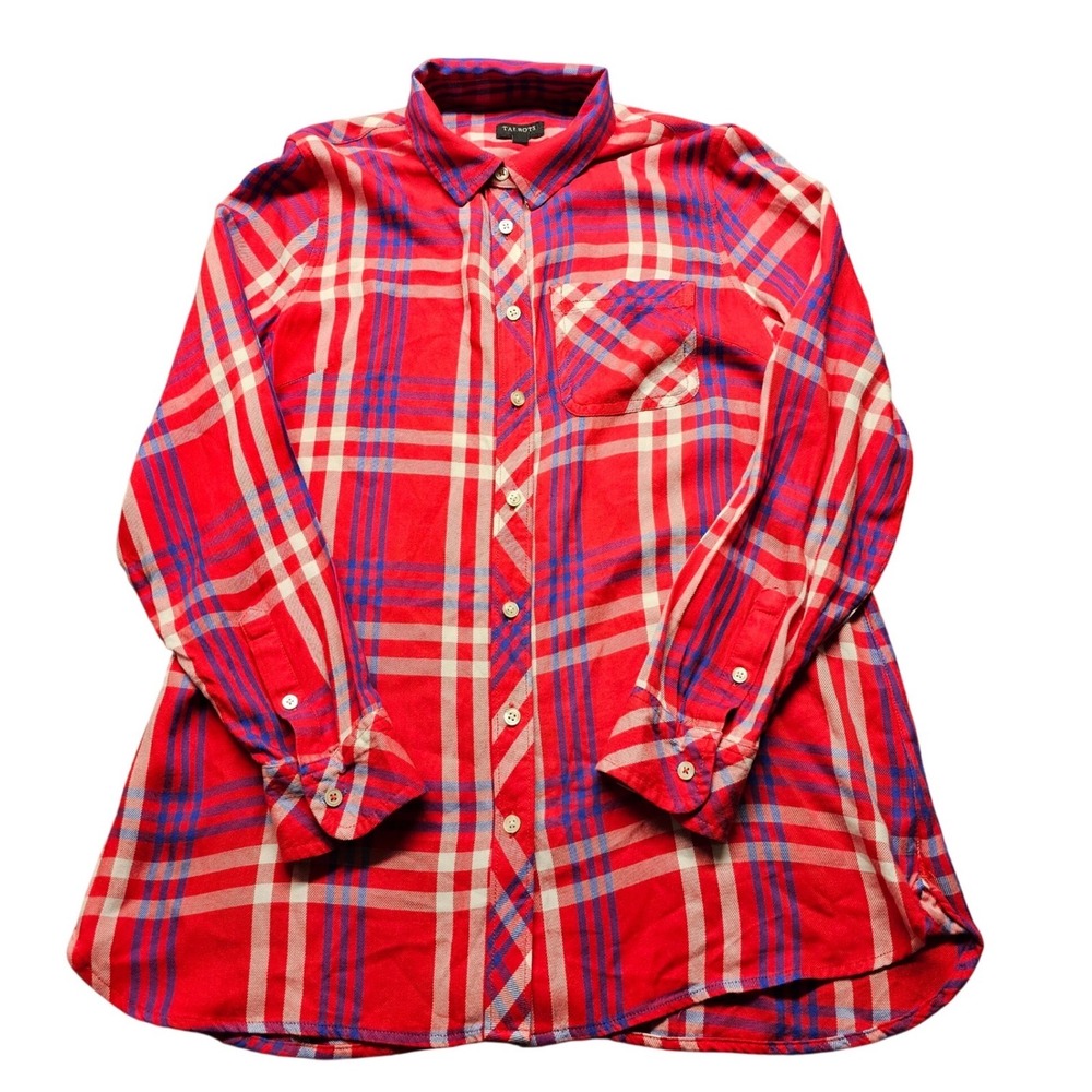 Talbots Red Blue Plaid Button Down Shirt Womens Size SP Long Sleeve Casual